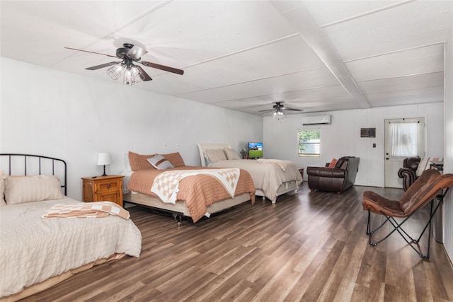 154 Lcr 893, Jewett, TX 75846 - bedroom with wood finished floors, a wall mounted AC, beam ceiling, and a ceiling fan