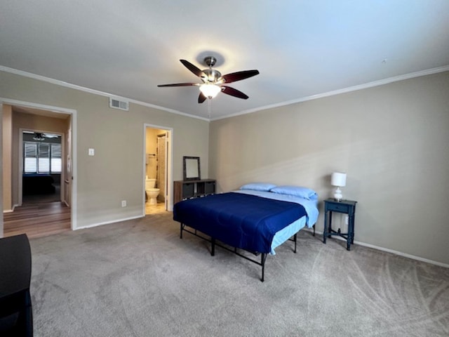 2228 S Piney Point Rd Unit 109, Houston, TX 77063 - carpeted bedroom with baseboards, crown molding, a ceiling fan, and connected bathroom