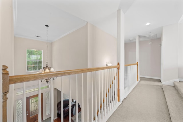 8910 Cote Ct, Houston, TX 77064 - hall with carpet flooring, baseboards, ornamental molding, recessed lighting, and a chandelier