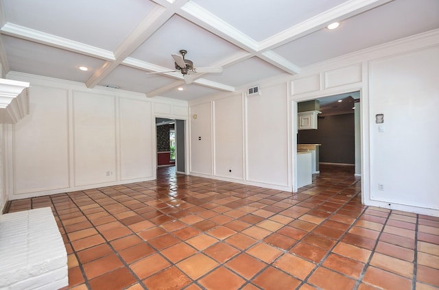 1023 Goldfinch Ave, Sugar Land, TX 77478 - tiled empty room with a decorative wall, a ceiling fan, beam ceiling, and crown molding