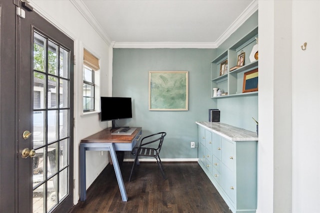 303 W 33rd St, Houston, TX 77018 - office area with dark wood finished floors, crown molding, built in desk, and baseboards