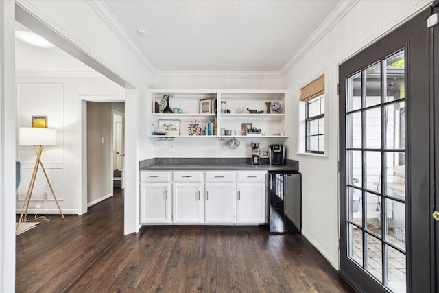 303 W 33rd St, Houston, TX 77018 - kitchen featuring open shelves, dark countertops, dark wood finished floors, white cabinetry, and baseboards