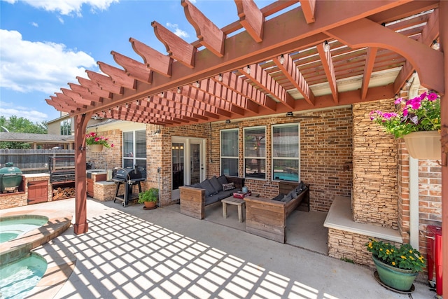 9210 Cold Hollow Ln, Missouri City, TX 77459 - view of patio / terrace featuring a grill, a pergola, an outdoor kitchen, and an outdoor hangout area