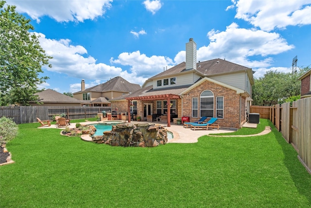 9210 Cold Hollow Ln, Missouri City, TX 77459 - rear view of house with a patio area, brick siding, a chimney, and cooling unit