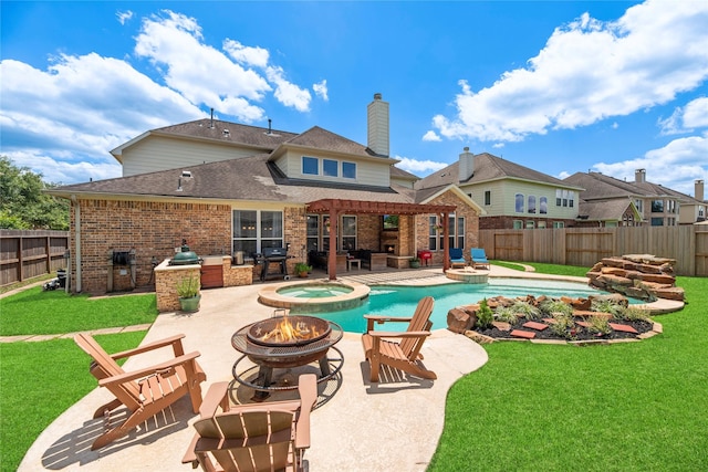 9210 Cold Hollow Ln, Missouri City, TX 77459 - view of swimming pool with a patio, area for grilling, a pool with connected hot tub, and an outdoor living space with a fire pit