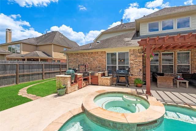 9210 Cold Hollow Ln, Missouri City, TX 77459 - view of pool with area for grilling, fence, a patio area, a grill, and a pergola