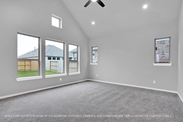 2808 Gran Castillo Dr, Texas City, TX 77568 - carpeted spare room with high vaulted ceiling, a ceiling fan, baseboards, and recessed lighting