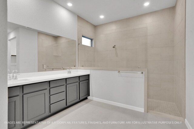 2808 Gran Castillo Dr, Texas City, TX 77568 - bathroom featuring walk in shower, double vanity, and recessed lighting