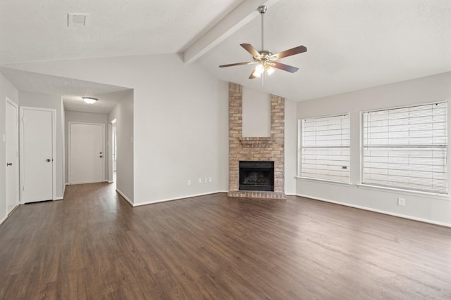 9219 Goodmeadow Dr, Houston, TX 77064 - unfurnished living room featuring a ceiling fan, dark wood finished floors, a fireplace, and baseboards