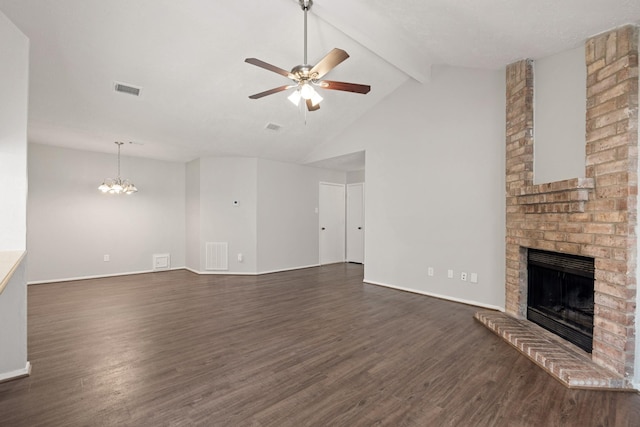 9219 Goodmeadow Dr, Houston, TX 77064 - unfurnished living room featuring a fireplace, a ceiling fan, beam ceiling, dark wood-type flooring, and a chandelier
