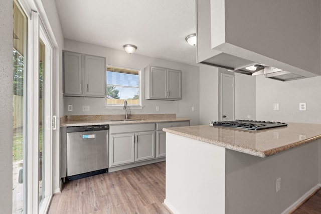9219 Goodmeadow Dr, Houston, TX 77064 - kitchen with appliances with stainless steel finishes, a sink, gray cabinetry, and light wood-style flooring