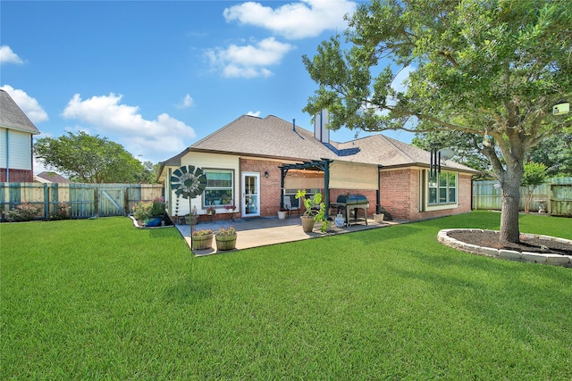 61 Chicory Ct, Lake Jackson, TX 77566 - back of property featuring brick siding, a pergola, a patio area, and a shingled roof