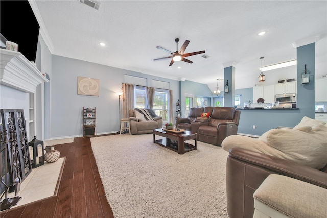 61 Chicory Ct, Lake Jackson, TX 77566 - living area with a ceiling fan, crown molding, baseboards, recessed lighting, and dark wood finished floors