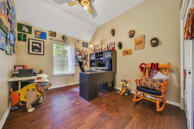61 Chicory Ct, Lake Jackson, TX 77566 - office space featuring a ceiling fan, dark wood-type flooring, lofted ceiling, and baseboards