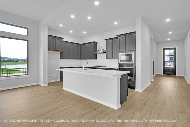 2908 Apple Rose Ln, Katy, TX 77493 - kitchen with stainless steel appliances, an island with sink, light wood-type flooring, light countertops, and recessed lighting