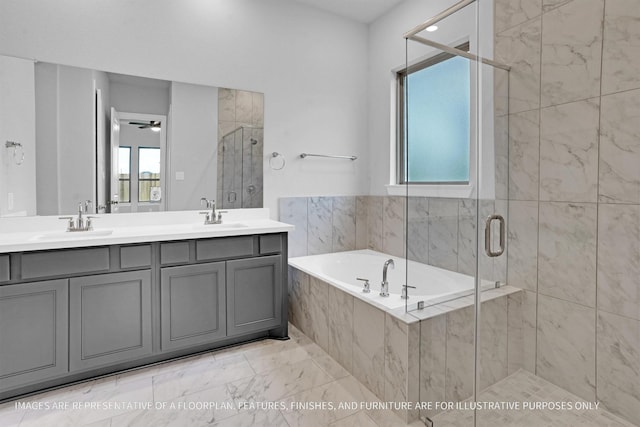 2908 Apple Rose Ln, Katy, TX 77493 - full bathroom featuring a shower stall, marble finish flooring, a bath, and double vanity