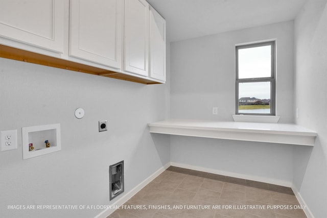 2908 Apple Rose Ln, Katy, TX 77493 - clothes washing area featuring cabinet space, washer hookup, baseboards, hookup for an electric dryer, and tile patterned flooring