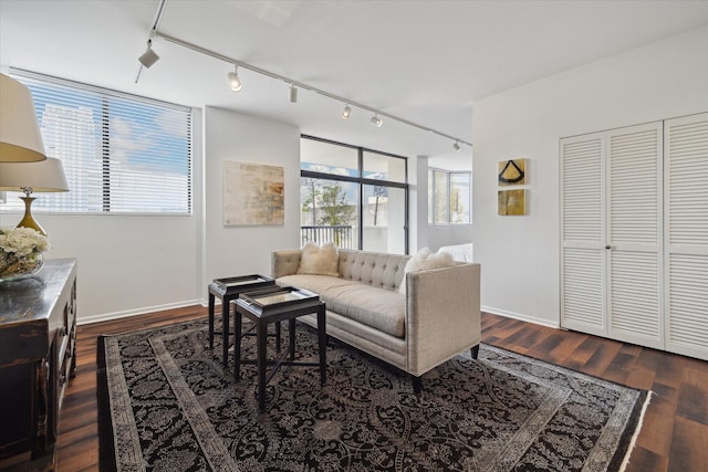 living area featuring rail lighting, dark wood finished floors, and baseboards