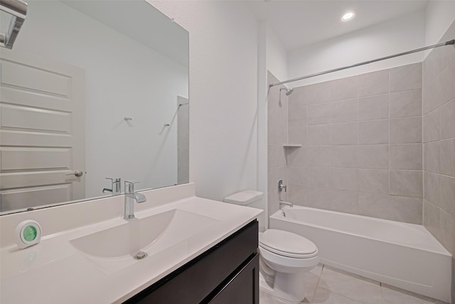 28923 Yukon River Ct, Katy, TX 77494 - bathroom featuring toilet, tile patterned floors, shower / washtub combination, vanity, and recessed lighting