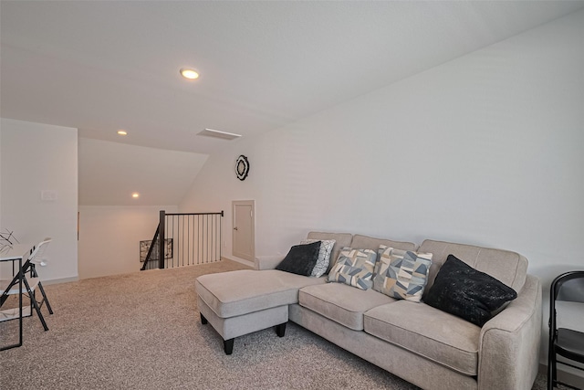 28923 Yukon River Ct, Katy, TX 77494 - living room featuring carpet flooring, lofted ceiling, and recessed lighting