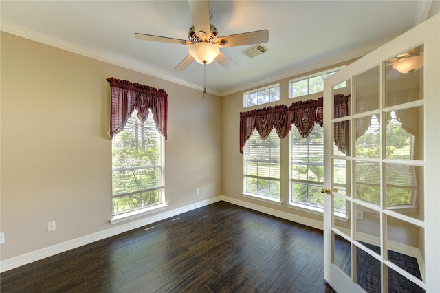 7610 Cedar Jump Dr, Humble, TX 77346 - unfurnished room featuring baseboards, a ceiling fan, dark wood-style flooring, and ornamental molding