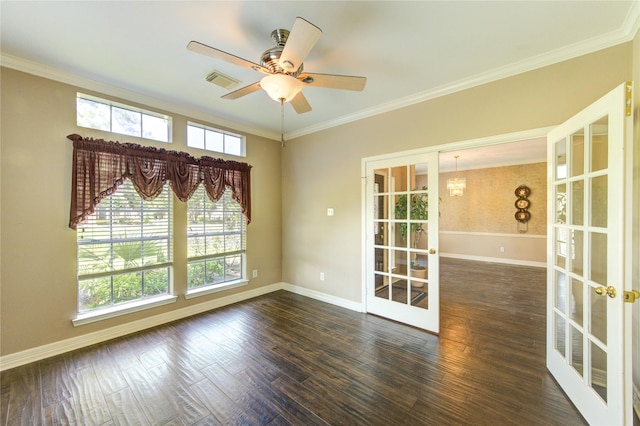 7610 Cedar Jump Dr, Humble, TX 77346 - unfurnished room featuring french doors, ornamental molding, wood finished floors, baseboards, and a ceiling fan