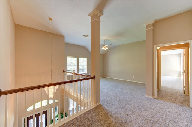 7610 Cedar Jump Dr, Humble, TX 77346 - hall with carpet, baseboards, vaulted ceiling, and decorative columns