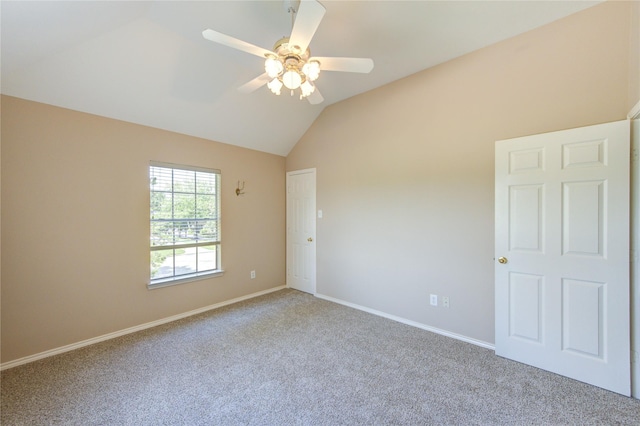 7610 Cedar Jump Dr, Humble, TX 77346 - empty room featuring lofted ceiling, a ceiling fan, carpet floors, and baseboards