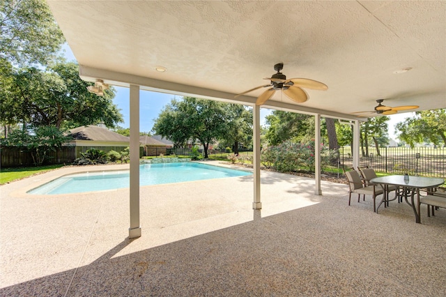 7610 Cedar Jump Dr, Humble, TX 77346 - view of swimming pool featuring a fenced backyard, a patio, and ceiling fan