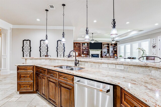 32811 Warbler Ct, Fulshear, TX 77441 - kitchen with a sink, stainless steel dishwasher, crown molding, a ceiling fan, and recessed lighting