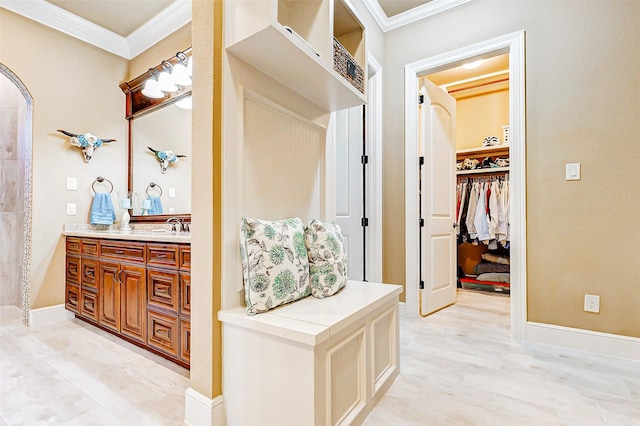 32811 Warbler Ct, Fulshear, TX 77441 - full bath featuring vanity, ornamental molding, and a walk in closet