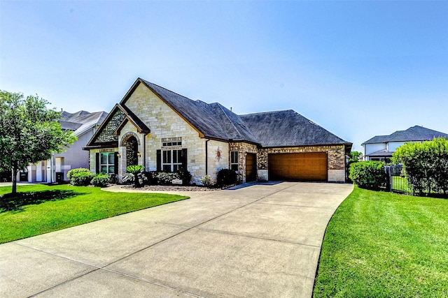 32811 Warbler Ct, Fulshear, TX 77441 - french country inspired facade featuring an attached garage, concrete driveway, and stone siding