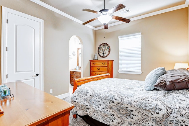 32811 Warbler Ct, Fulshear, TX 77441 - bedroom featuring ornamental molding, arched walkways, baseboards, ceiling fan, and carpet floors