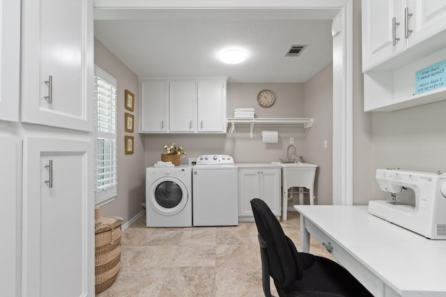 20103 Diamond Ct, Magnolia, TX 77355 - clothes washing area with cabinet space, washing machine and clothes dryer, baseboards, and a desk