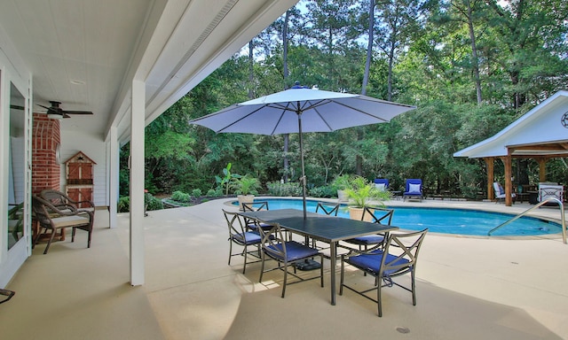 20103 Diamond Ct, Magnolia, TX 77355 - swimming pool featuring a ceiling fan, view of scattered trees, and a patio area