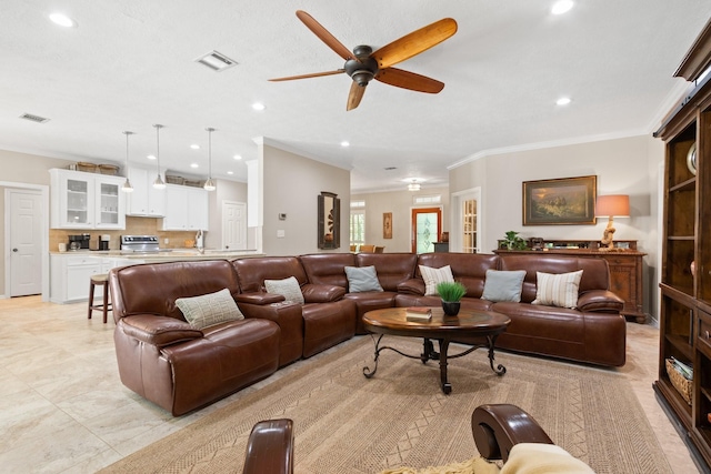 20103 Diamond Ct, Magnolia, TX 77355 - living area featuring crown molding, a ceiling fan, and recessed lighting