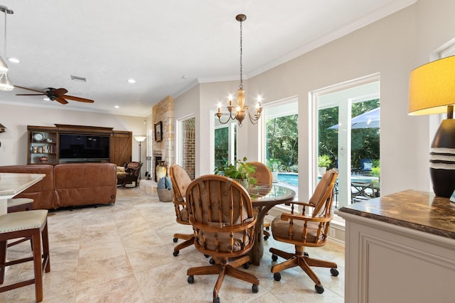 20103 Diamond Ct, Magnolia, TX 77355 - dining area with ornamental molding, a chandelier, ceiling fan, light tile patterned floors, and recessed lighting
