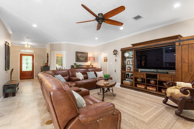 20103 Diamond Ct, Magnolia, TX 77355 - living area with a ceiling fan, recessed lighting, baseboards, and ornamental molding