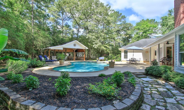20103 Diamond Ct, Magnolia, TX 77355 - outdoor pool with a ceiling fan, a gazebo, a patio area, and outdoor dining space
