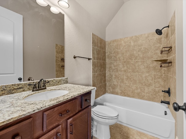 4410 Cobalt Cross St, Katy, TX 77493 - full bath with toilet, tile patterned floors, vanity, bathing tub / shower combination, and vaulted ceiling