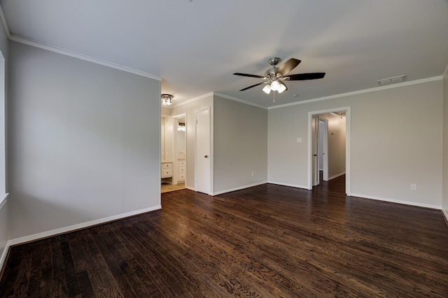 empty room with a ceiling fan, dark wood-style floors, baseboards, and crown molding