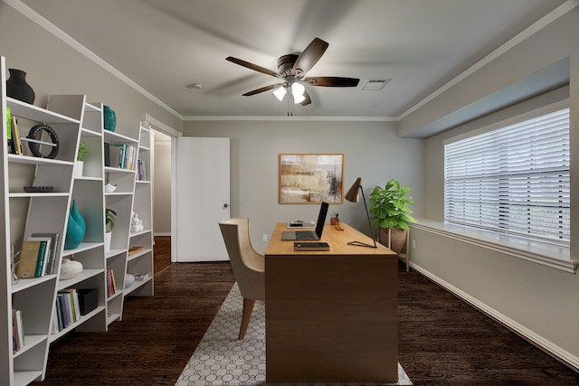 office space featuring a ceiling fan, dark wood-style floors, ornamental molding, and baseboards