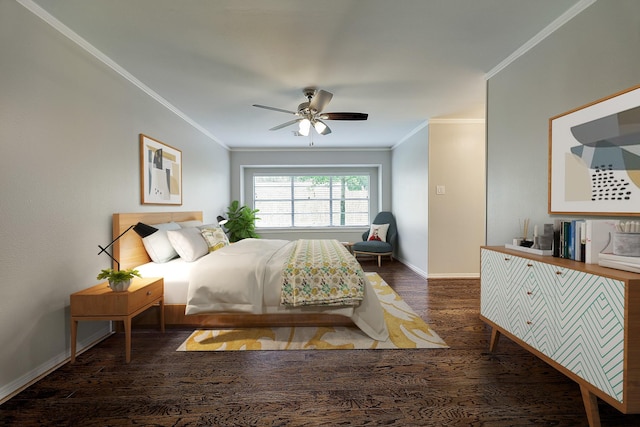 bedroom with crown molding, dark wood-style flooring, baseboards, and ceiling fan