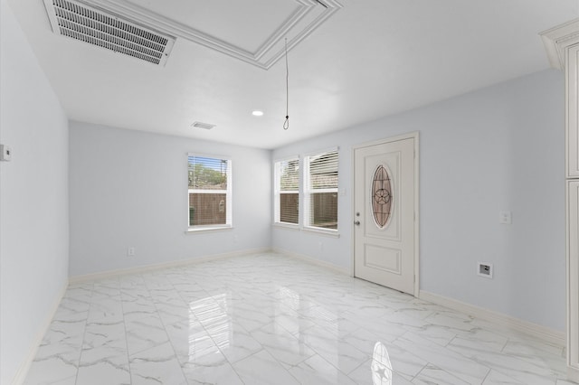 6105 Arthington St, Houston, TX 77053 - spare room with attic access, light marble finish floors, baseboards, and recessed lighting