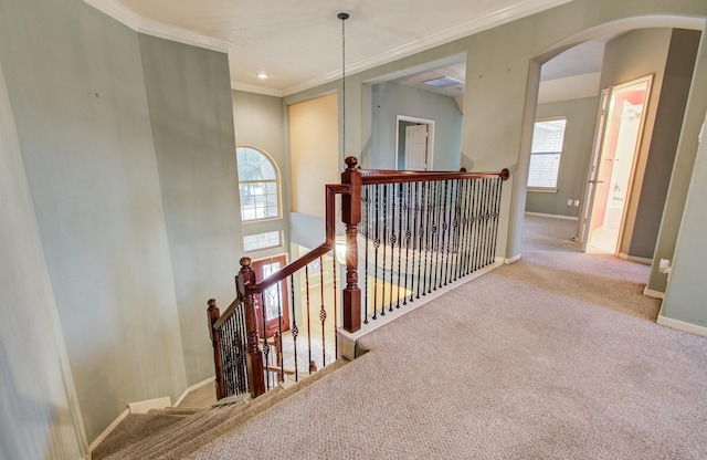 10711 Sea Myrtle Dr, Houston, TX 77095 - hall featuring an upstairs landing, healthy amount of natural light, arched walkways, carpet flooring, and ornamental molding