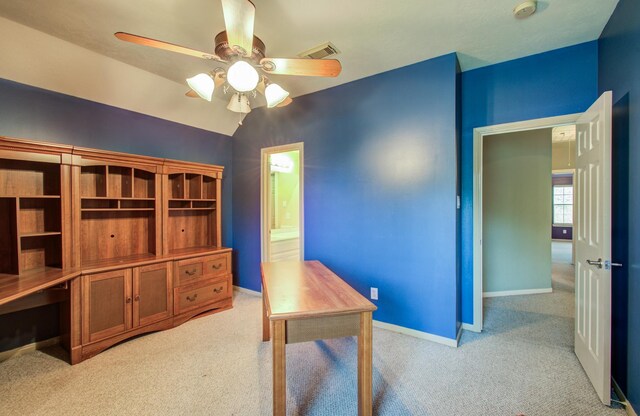 10711 Sea Myrtle Dr, Houston, TX 77095 - office area featuring ceiling fan, light carpet, and baseboards