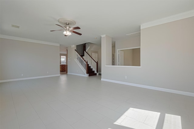 5714 Ames Xing, Sugar Land, TX 77479 - unfurnished living room with stairway, ceiling fan, baseboards, and ornamental molding