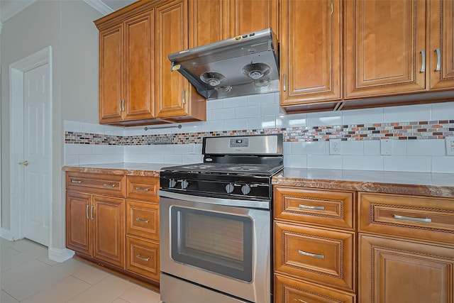 5714 Ames Xing, Sugar Land, TX 77479 - kitchen with stainless steel range with gas stovetop, under cabinet range hood, and brown cabinetry