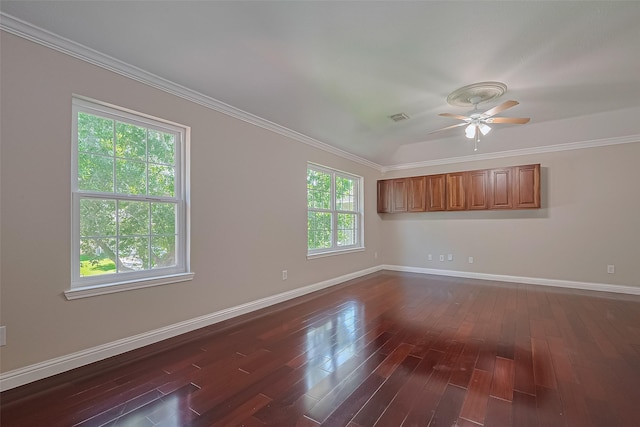 5714 Ames Xing, Sugar Land, TX 77479 - spare room featuring baseboards, ceiling fan, dark wood-style flooring, and ornamental molding