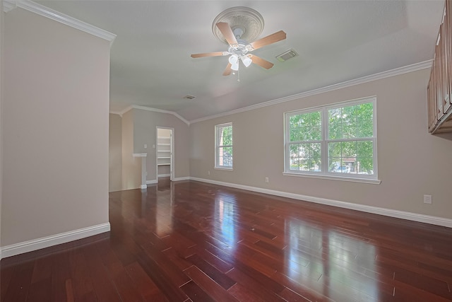 5714 Ames Xing, Sugar Land, TX 77479 - unfurnished room featuring a ceiling fan, baseboards, dark wood-type flooring, ornamental molding, and vaulted ceiling